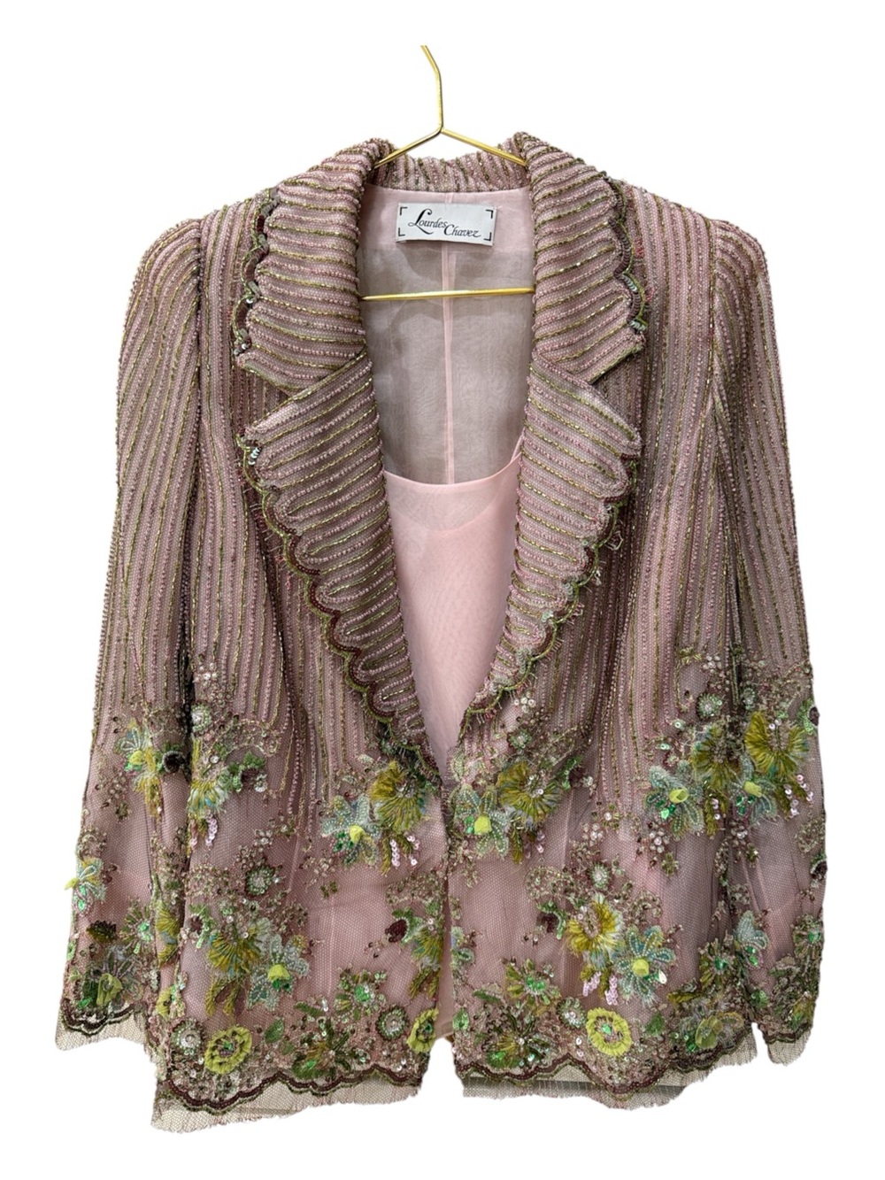 Lourdes Chavez Couture Beaded Silk Blazer Jacket Floral Lace Illusion
